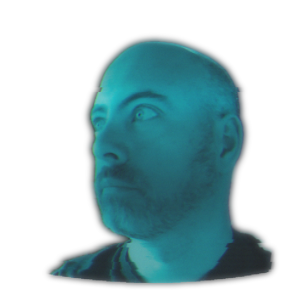 Ben, rendered as a cyan hologram on a curved CRT screen
